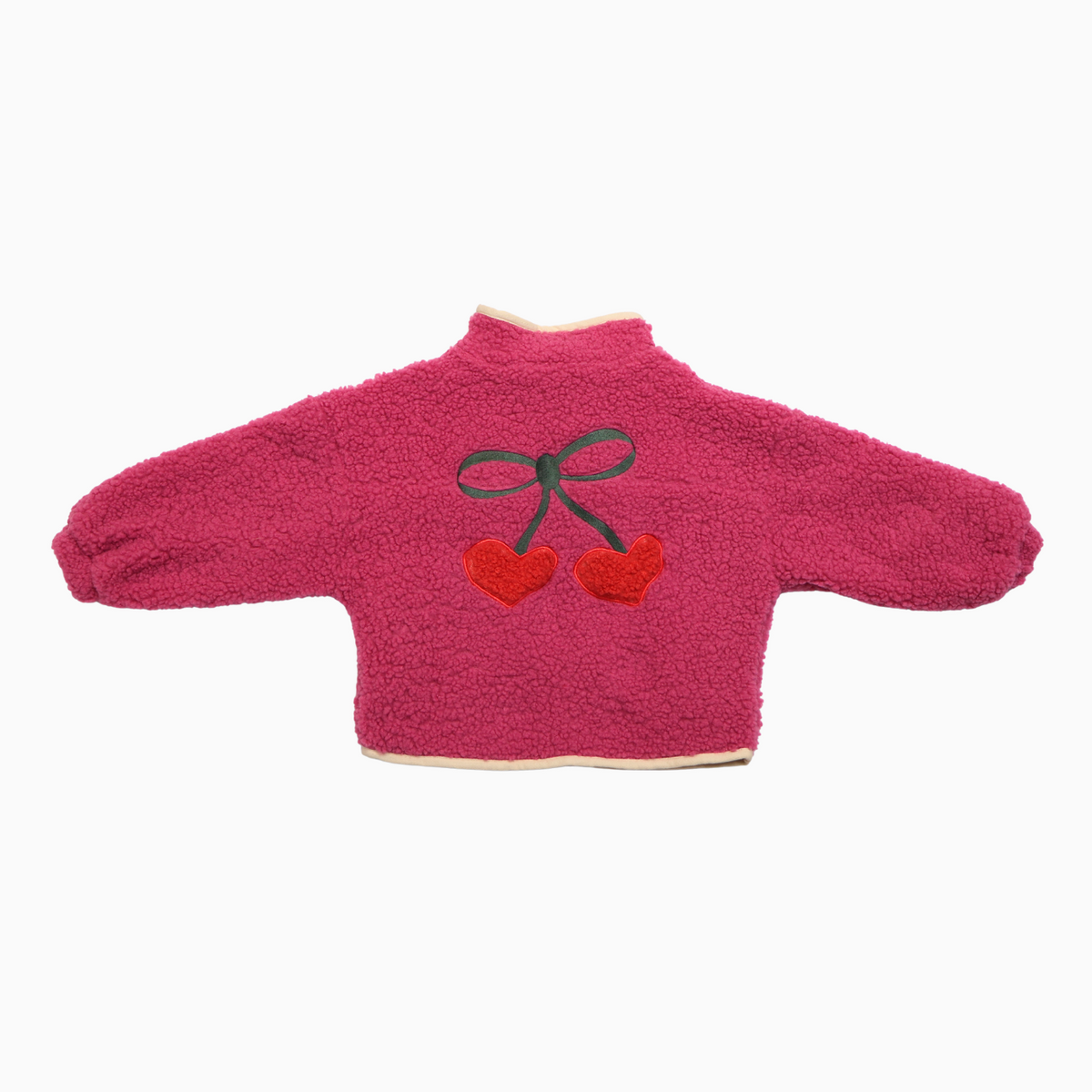 Roze teddy jas met kersenborduring.