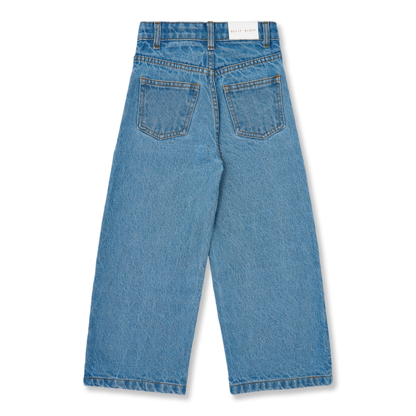 Wide leg kinderjeans in mid blue met wijde pijpen en contrasterende zijnaden achterzijde