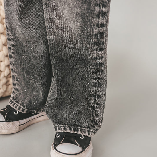 Broek Denim Wide Leg Glitter Acid Grey