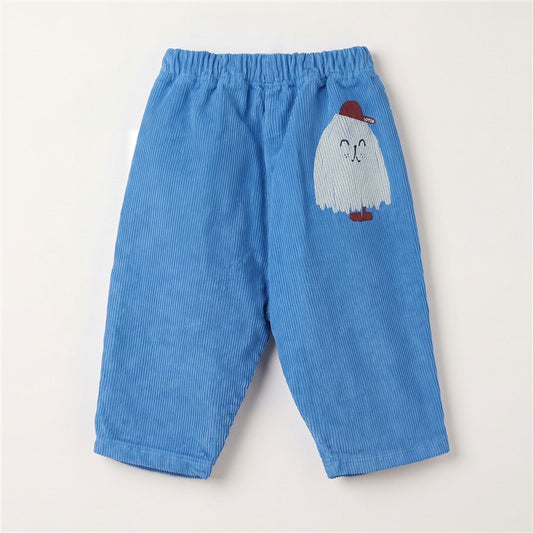 Babybroek van ribfluweel in kobaltblauw met wide leg.