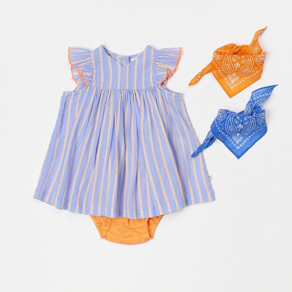 oranje bloomer met blauw jurkje met fluo oranje details
