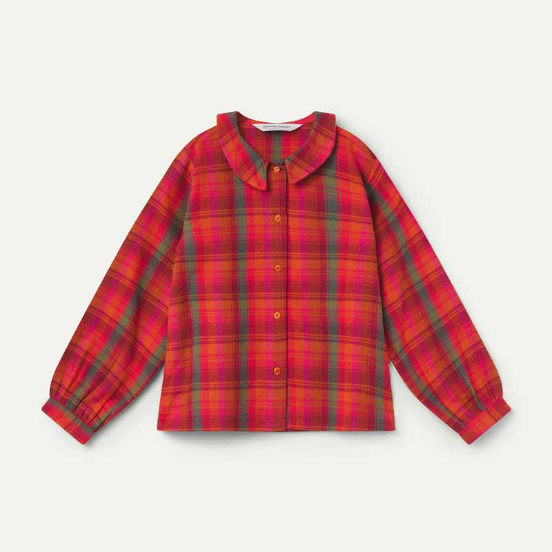 Rode flanellen blouse voor kinderen met groen en bordeaux ruitpatroon.