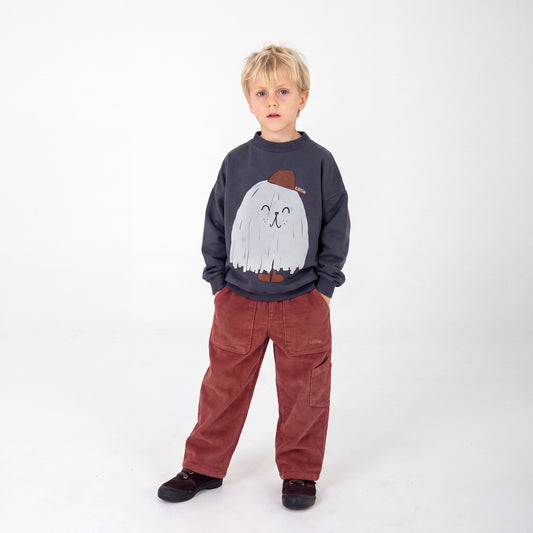 Effen bruine ribfluwelen broek met wide leg.