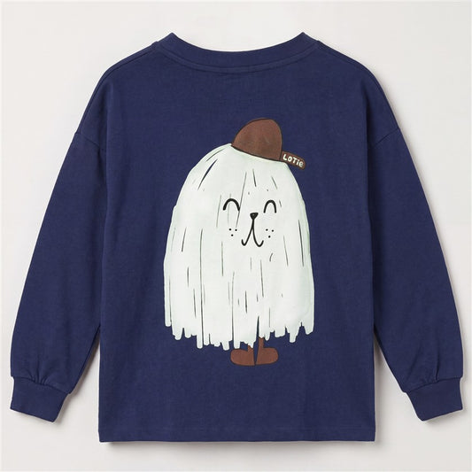 Achterzijde van het donkerblauwe longsleeve shirt met grote schattige monsterprint.