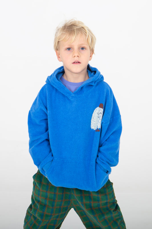 Kobaltblauwe kinderhoodie met buidelzak en monster
