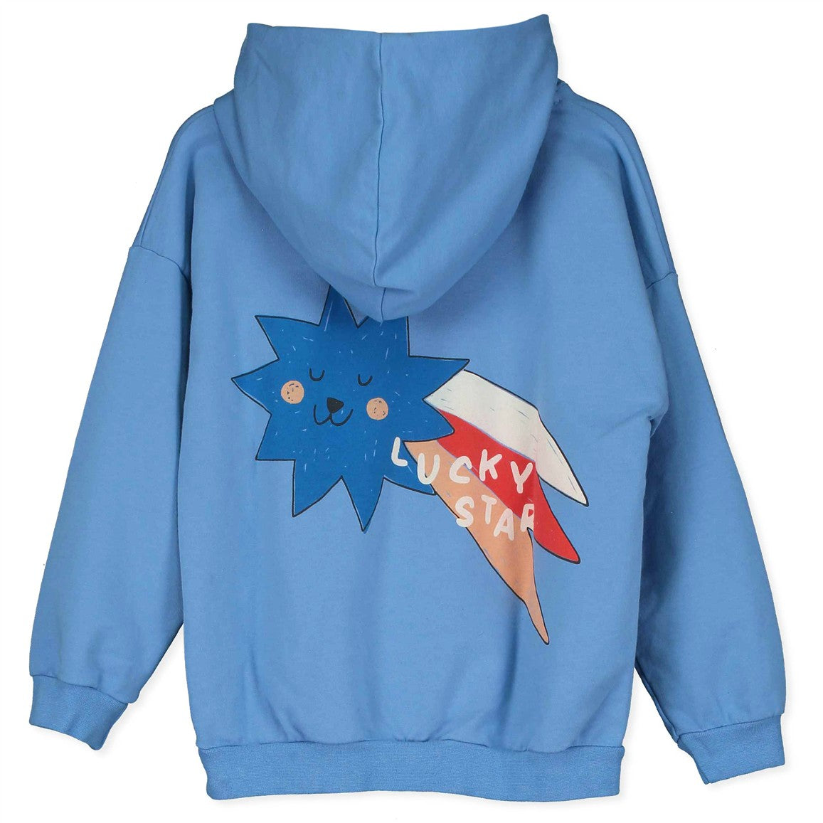 Achterkant blauwe hoodie met grote Lucky Star opdruk