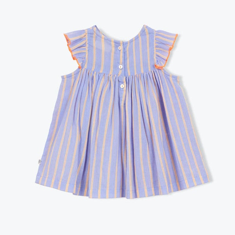 Achterkant blauwe jurk met ruffles