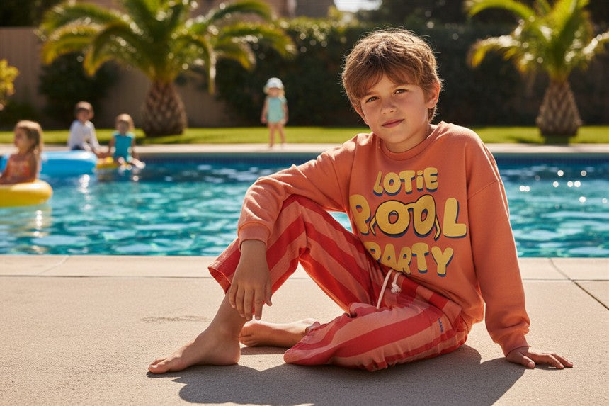 Jongen draagt oranje sweater met Pool Party print
en rood gestreepte wijde broek