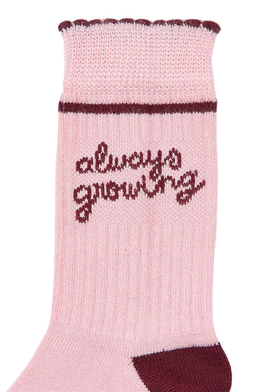 Lichtroze bamboesokken met tekst Always Growing.