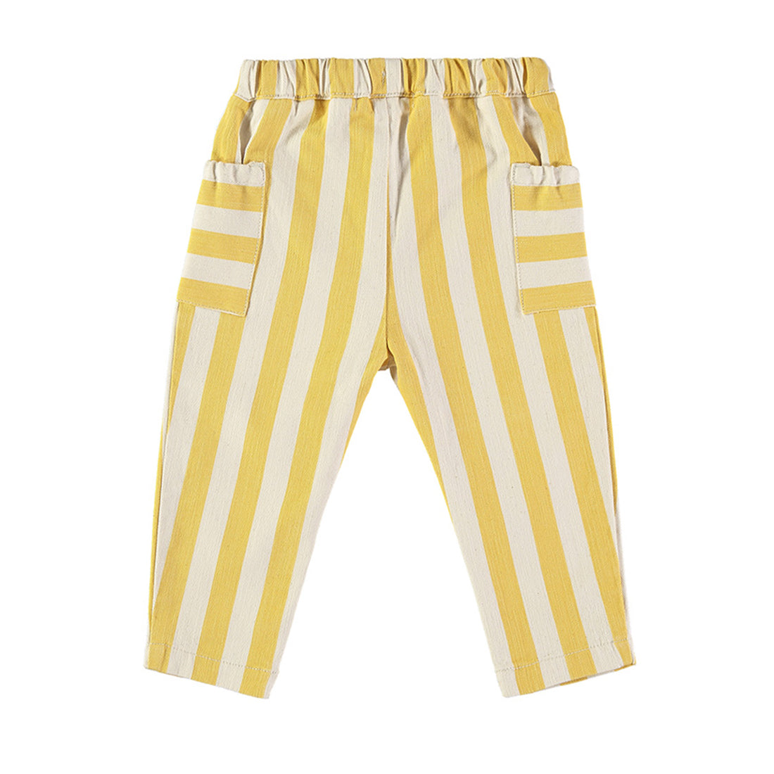 Achterkant geel-ecru gestreepte denim kinderbroek van Babyclic