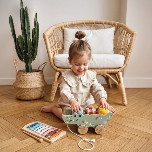 Houten krokodil met xylofoon voor kinderen.