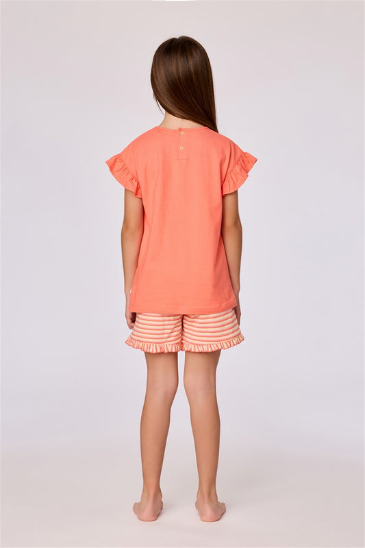 achterzijde koraalrode pyjama van woody met olifant