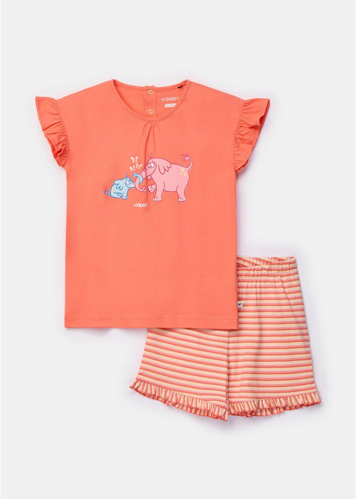 koraalrode pyjama voor kinderen met olifant van woody volledig zicht