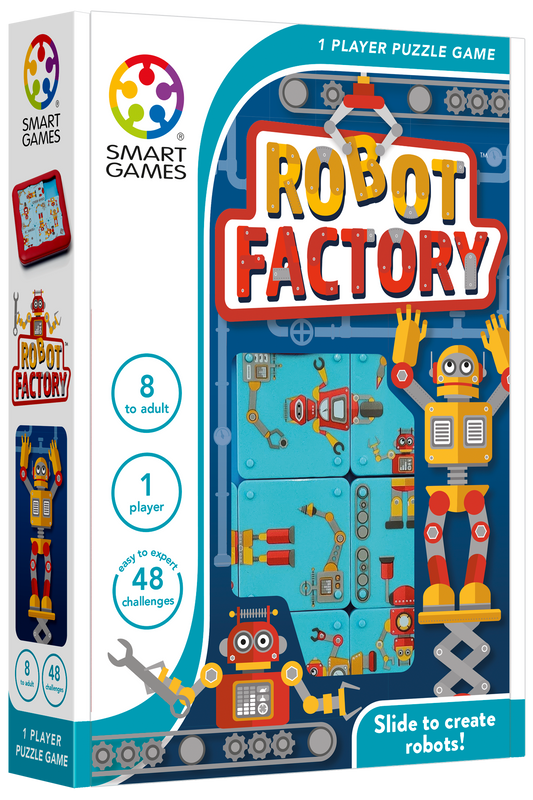 Robot Factory schuifpuzzel met robotonderdelen en 48 opdrachten van beginner tot expert.