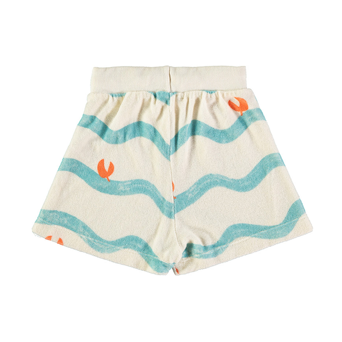 Acherkant witte badstof kindershort met blauwe golven en oranje krabbepootjes van Babyclic