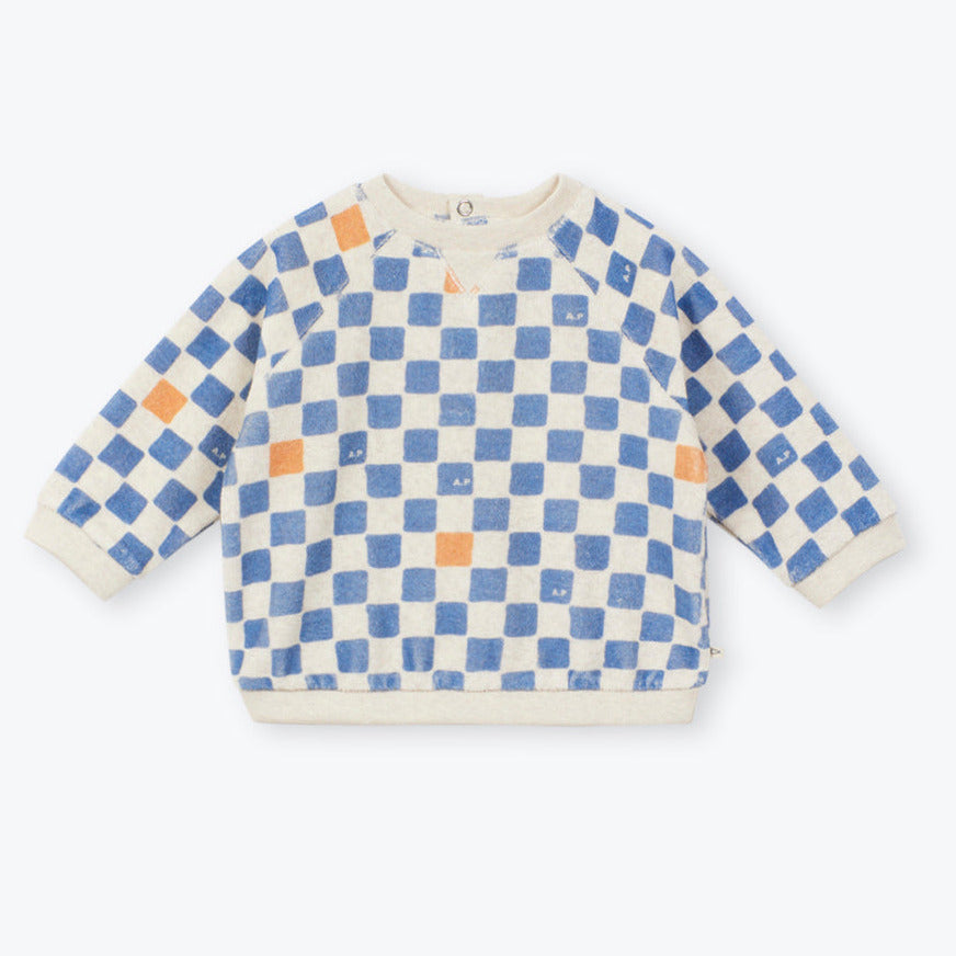 Blauw-ecru-oranje dambord badstof sweater van Arséne & les Pipelettes baby