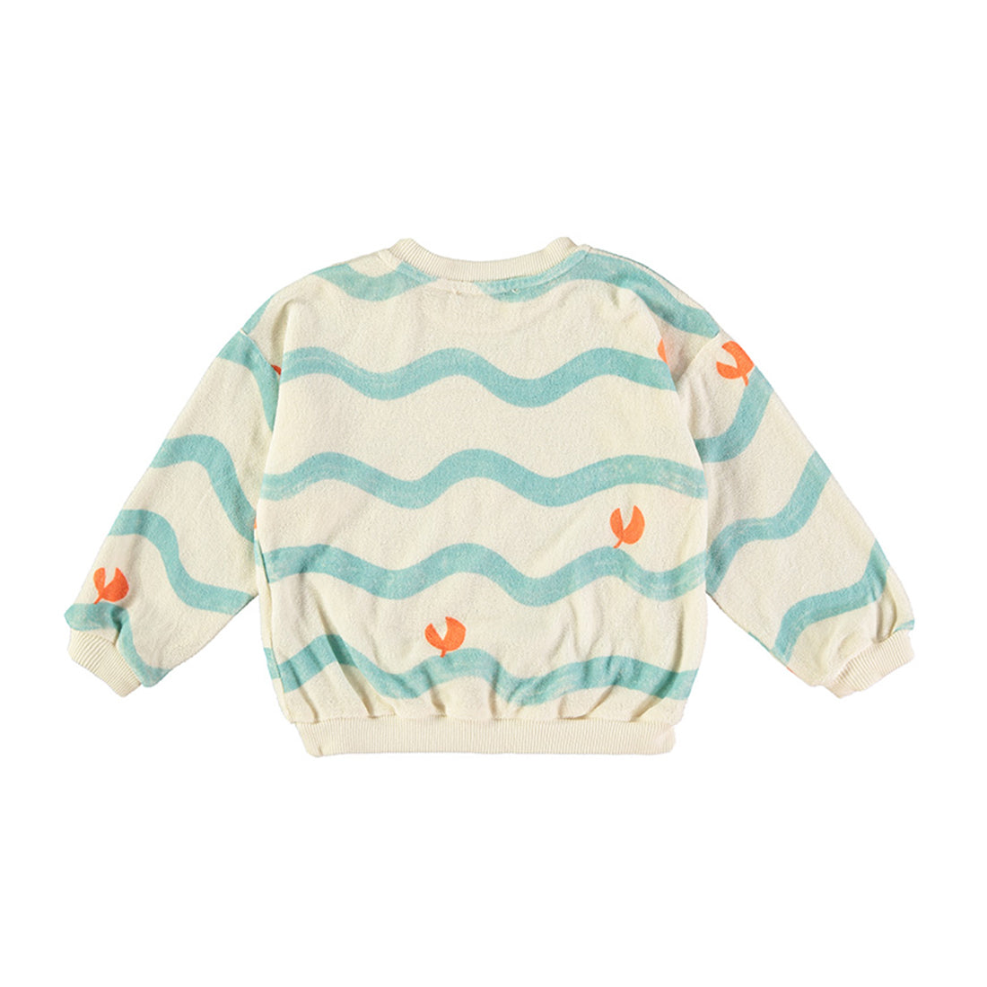 Achterkant witte kinder sweater met blauwe golven en oranje krabbepoten van Babyclic
