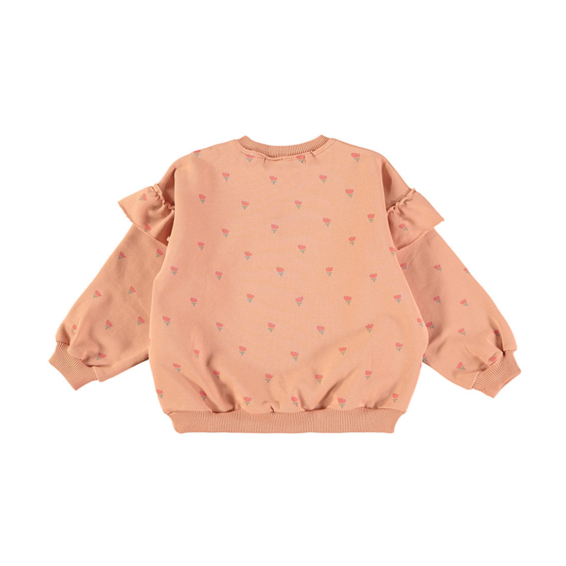 Achterkant oranje-roze sweater met ruffles en bloemetjes van Babyclic