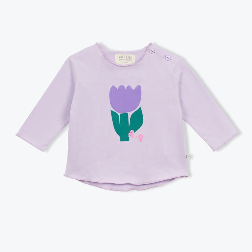 Lila babyshirt met paarse tulp op de voorkant van Arséne et les pipelettes