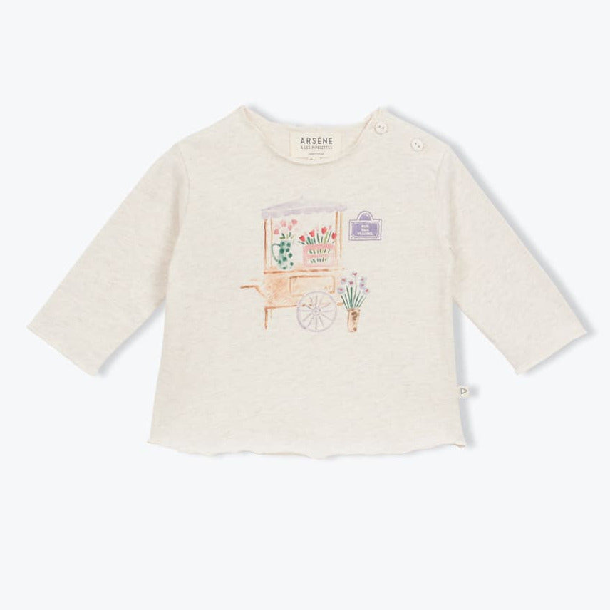 Ecru babyshirt met illustratie van een bloemenkraam op de voorkant van arséne et les pipelettes