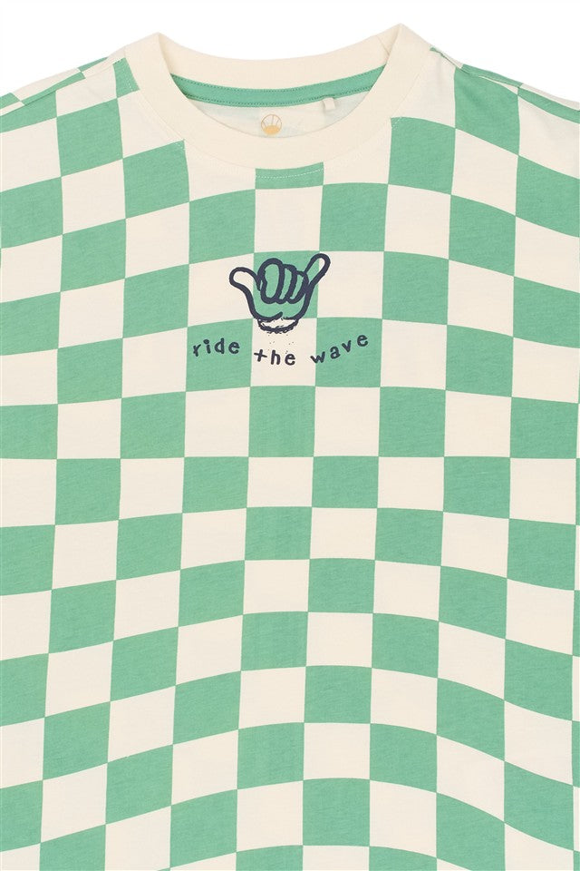 detail dambordpatroon op tshirt tiago