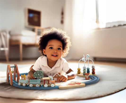 Houten treinrails voor kinderen vanaf 3 jaar.