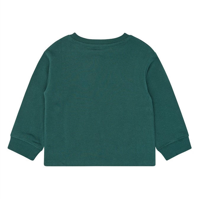 Achterzijde van de groene peuter sweater zonder print.