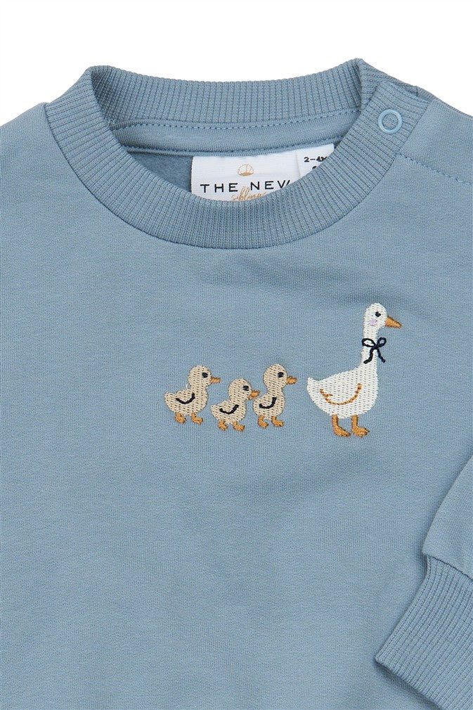 detail geborduurde gansjes op lichtblauwe baby sweater