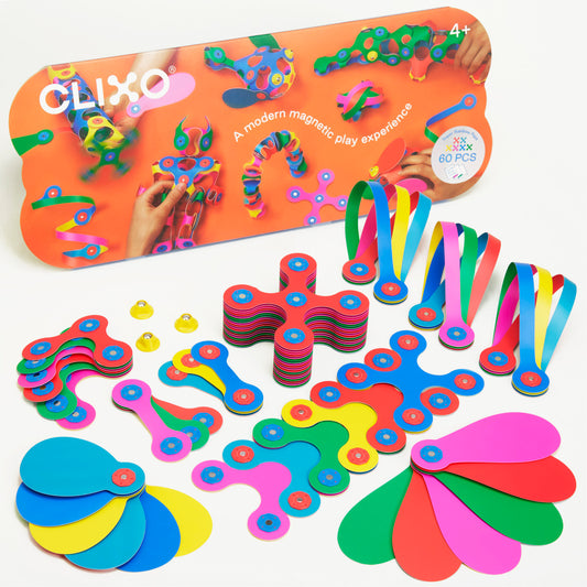 Clixo Super Rainbow Pack magnetische bouwset met kleurrijke flexibele onderdelen voor grote 2D- en 3D-creaties.