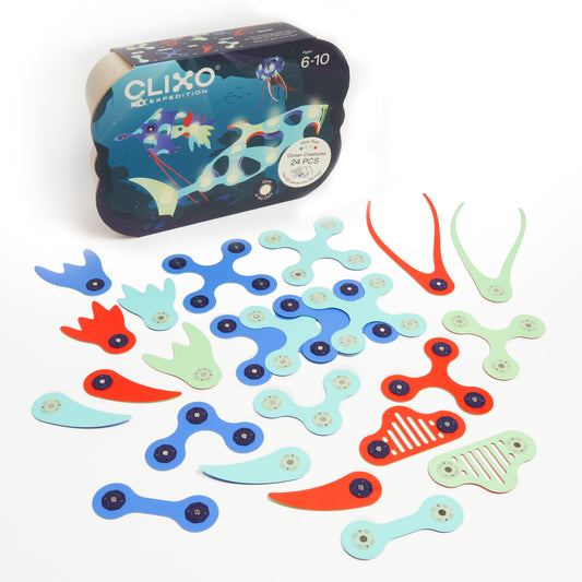 Clixo Ocean Creatures magnetische bouwset met flexibele onderdelen voor het bouwen van kleurrijke zeedieren en onderwaterfiguren.