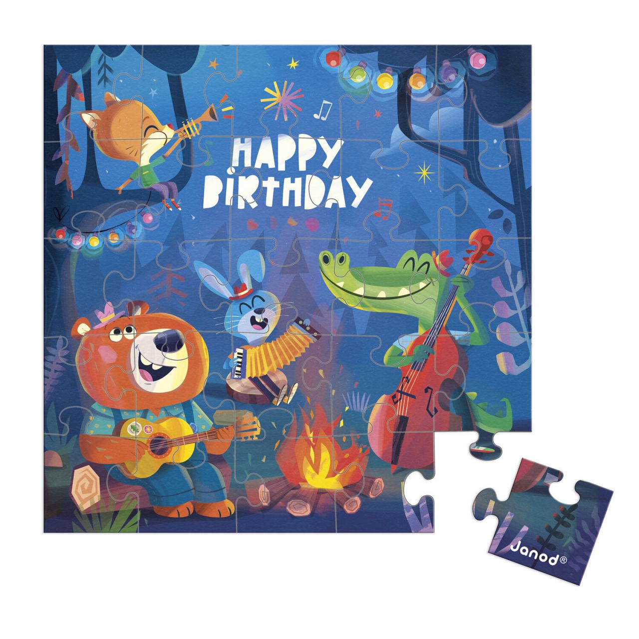 Verjaardagspuzzelkaart met bosdieren rond een kampvuur, 25 puzzelstukjes en envelop voor een persoonlijke boodschap.
