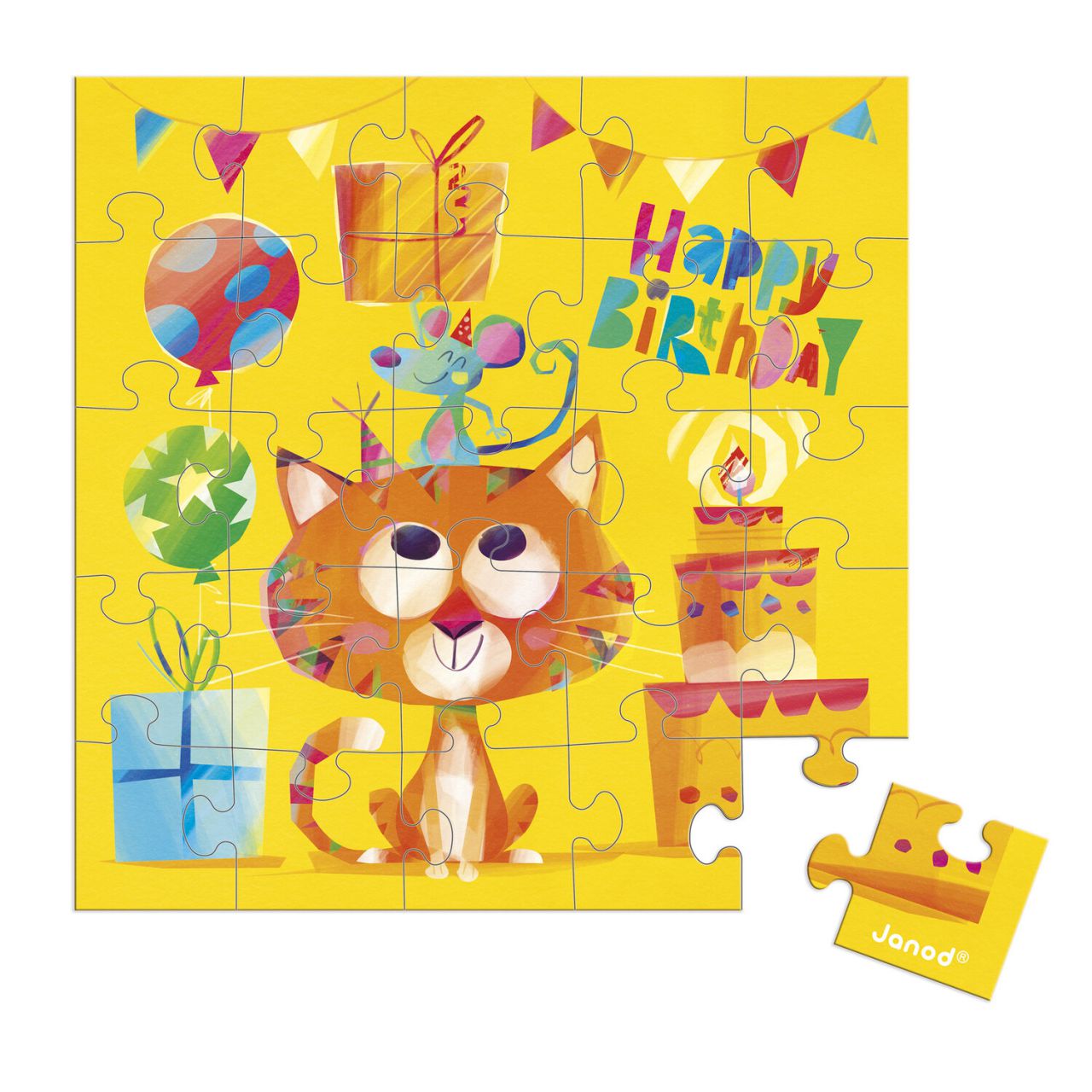 Verjaardagspuzzelkaart met kat, 25 puzzelstukjes en envelop voor een persoonlijke boodschap.