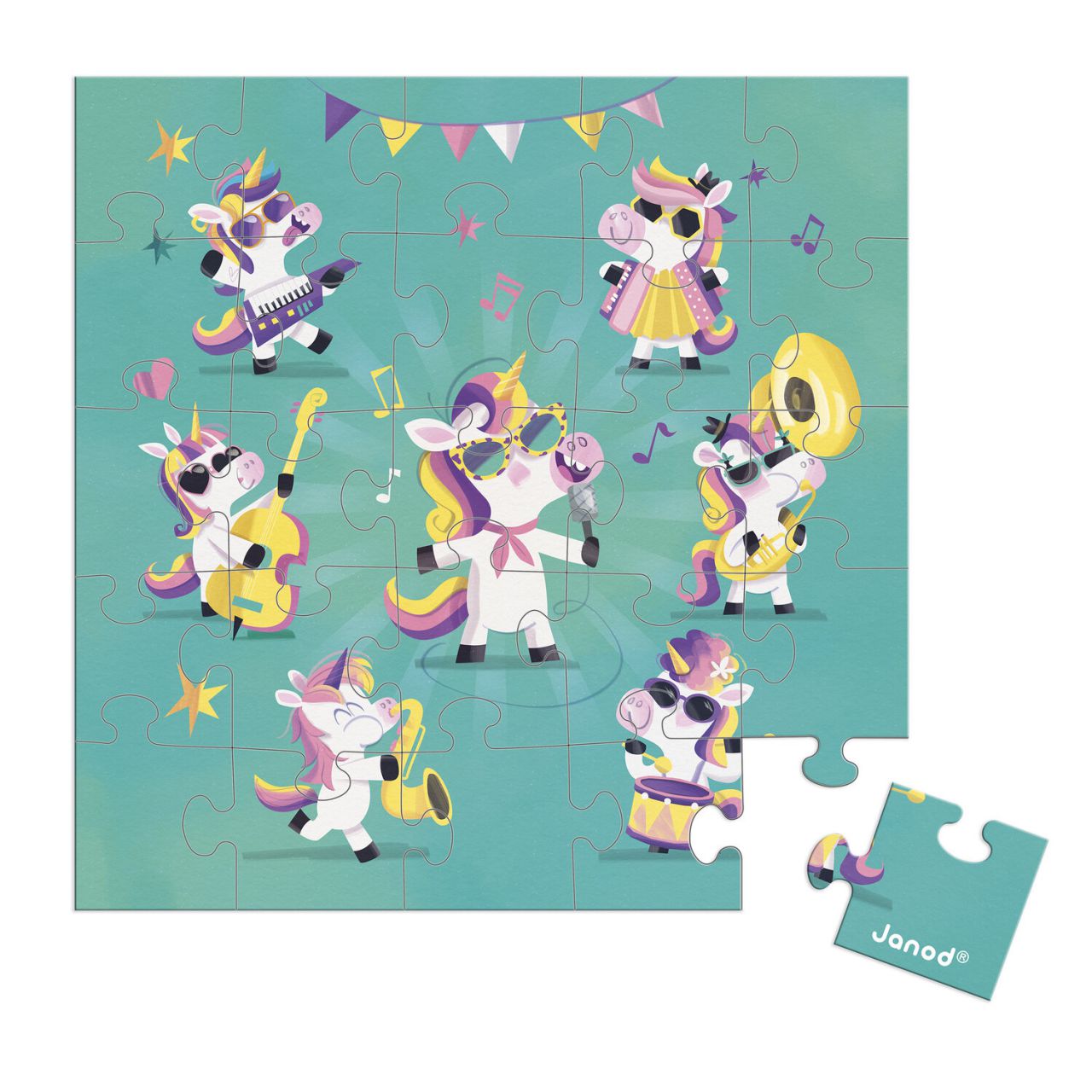 Puzzelkaart met dansende eenhoorns, 25 puzzelstukjes en envelop voor een persoonlijke boodschap.