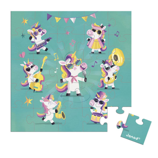 Puzzelkaart met dansende eenhoorns, 25 puzzelstukjes en envelop voor een persoonlijke boodschap.