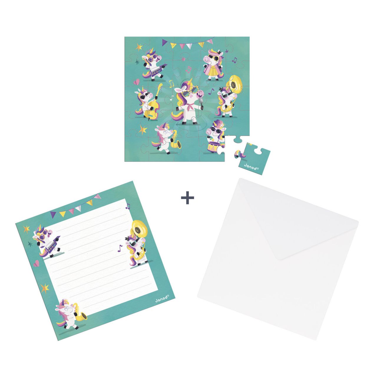 puzzelkaart met envelop eenhoorn