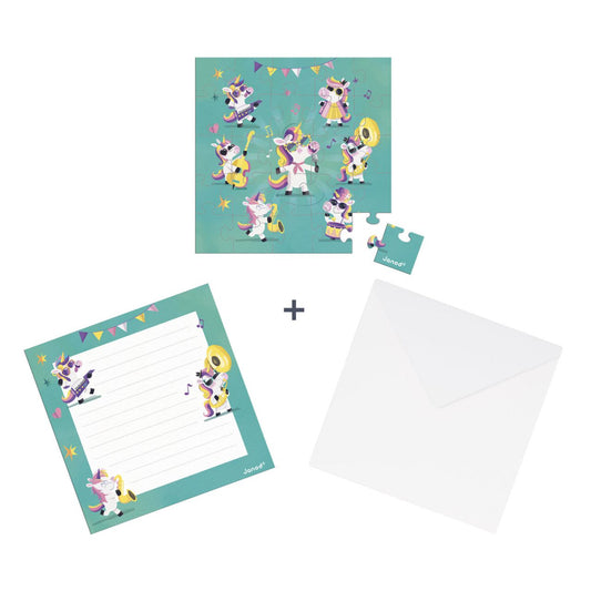 puzzelkaart met envelop eenhoorn