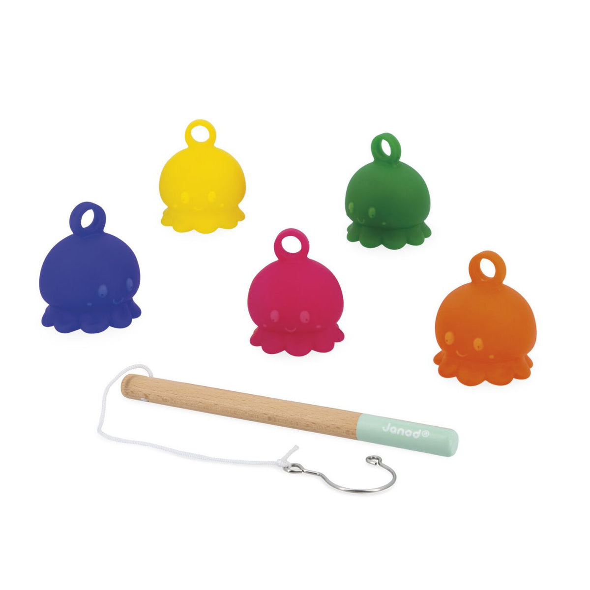 Houten hengel met kleurrijke octopussen