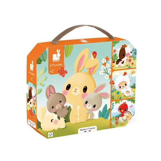 Oplopende boerderijpuzzels met dieren en jongen, 4 puzzels van 6 tot 16 stukjes voor kinderen van janod