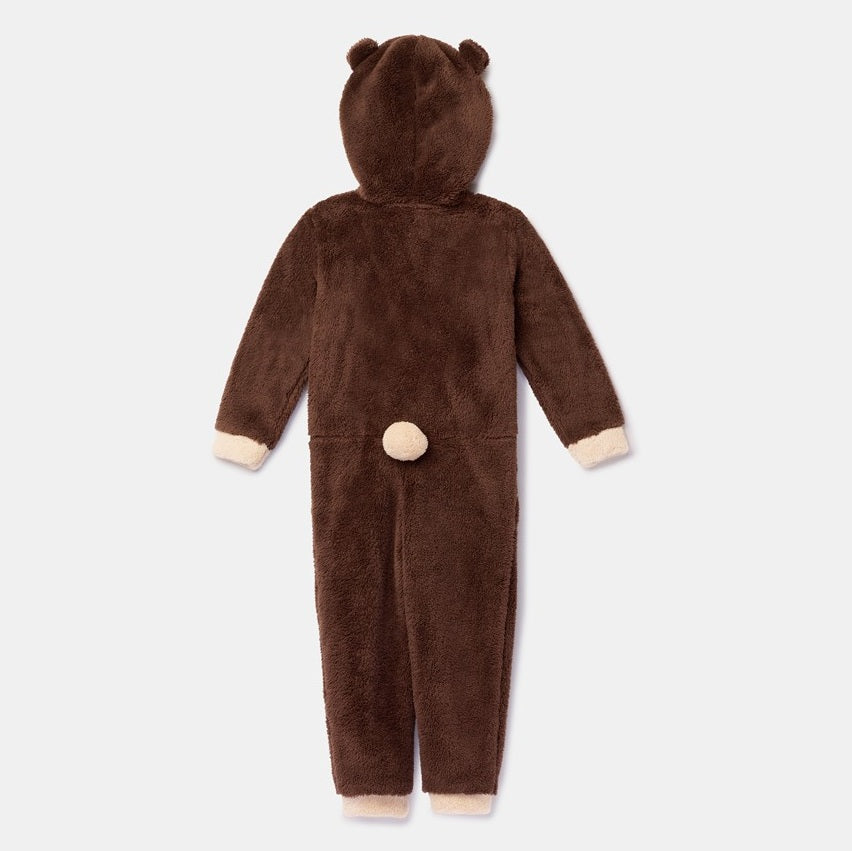 Woody Onesie Bear in zachte teddystof, achterkant.