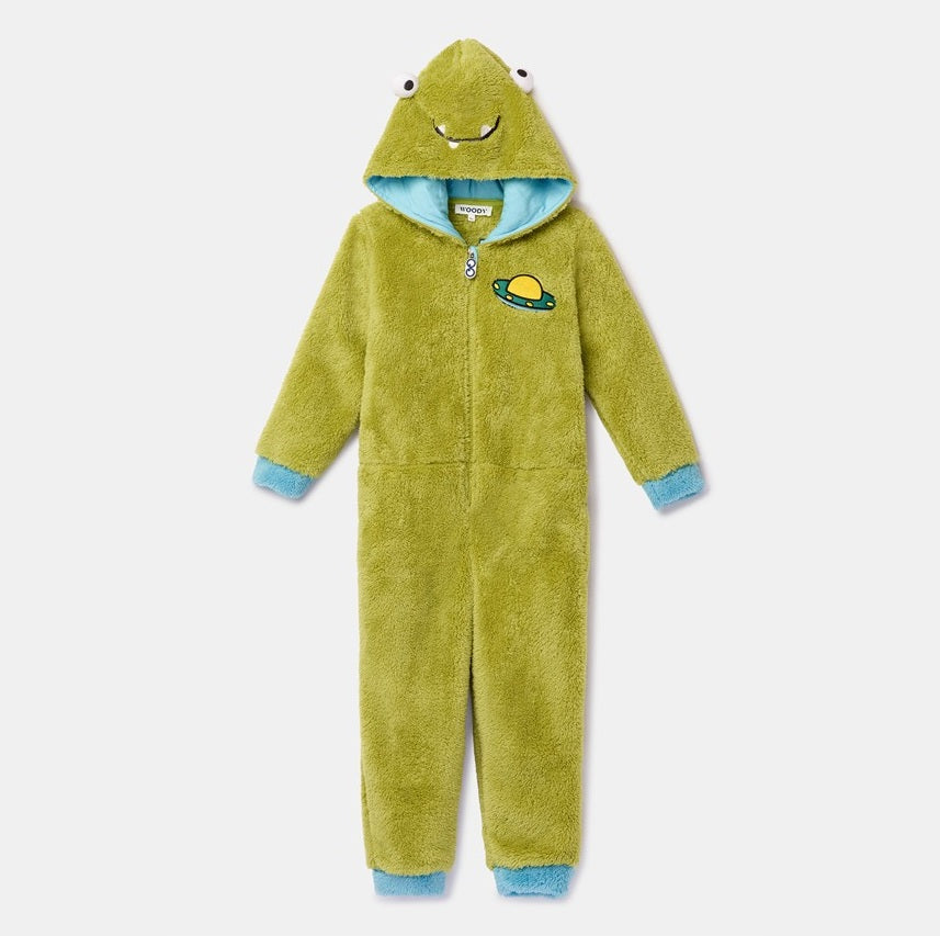 Woody Onesie Alien in zachte groene teddystof.