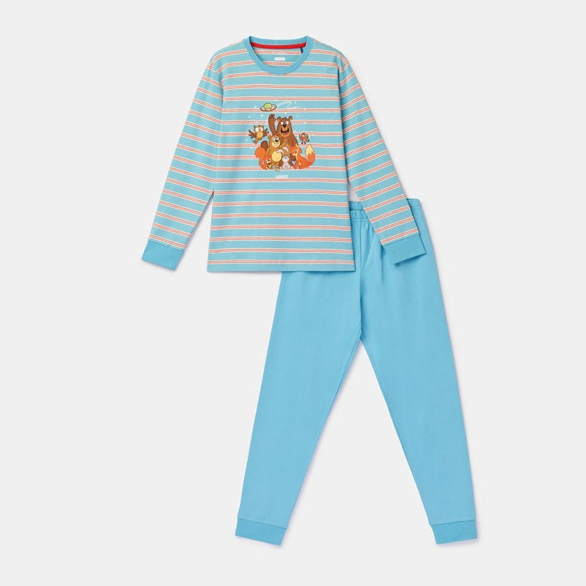 Lichtblauwe pyjama voor baby’s en jongens met bosdierenprint van woody