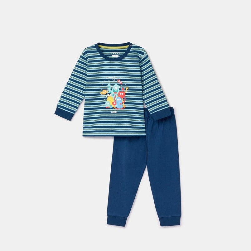 Blauwe gestreepte pyjama voor jongens met alienprint van woody