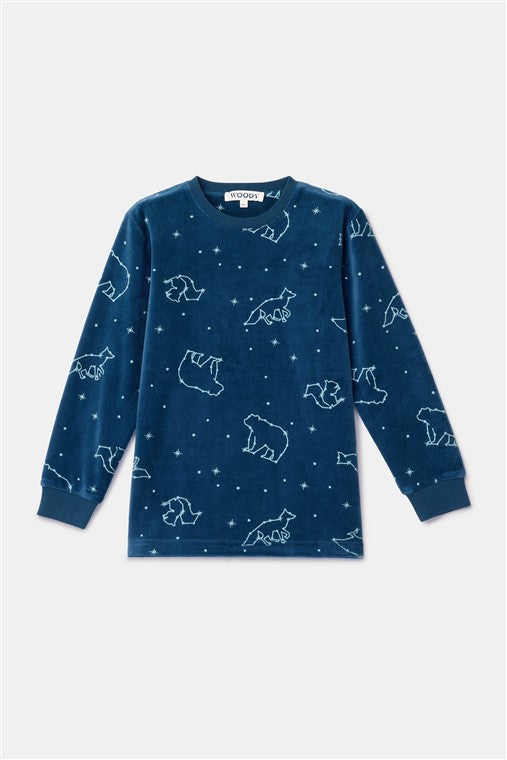 Donkerblauwe velours pyjama met sterrenbeelden.
