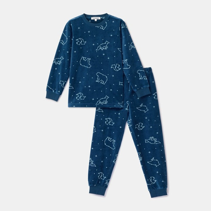 Woody Pyjama Galaxy Velours in donkerblauw.