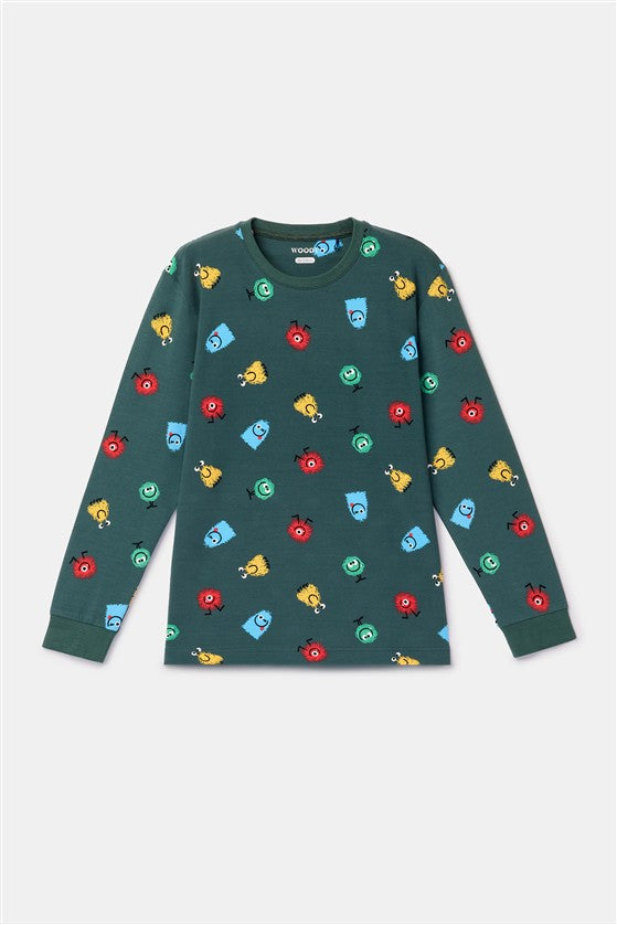 Groene katoenen pyjama voor jongens met alienmotief.