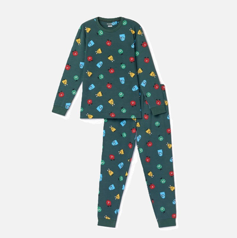 Pyjamaset voor kinderen met groene basis en speelse alienprint van woody
