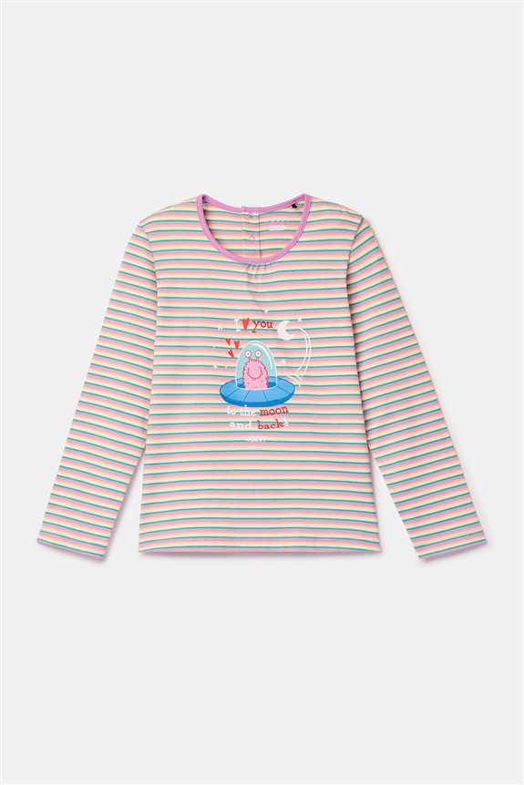 Roze meisjespyjama met speelse alienprint.