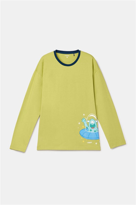 Vrolijke pyjama voor jongens met UFO op de voorkant.