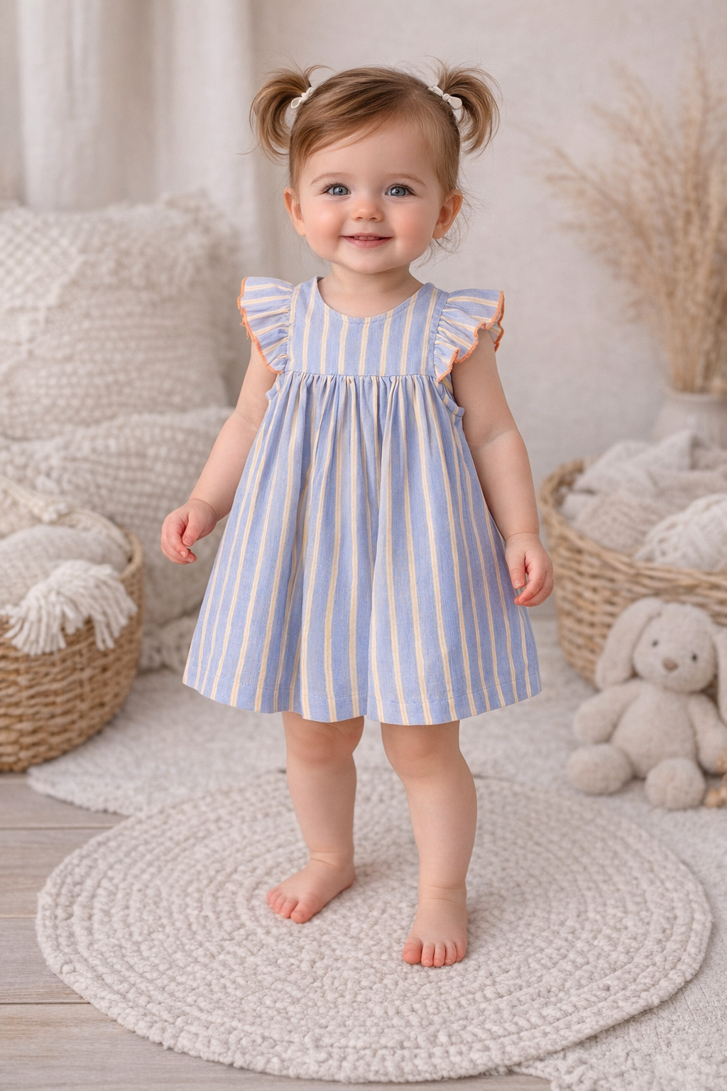 Blauwe jurk met fluo strepen volledig zicht