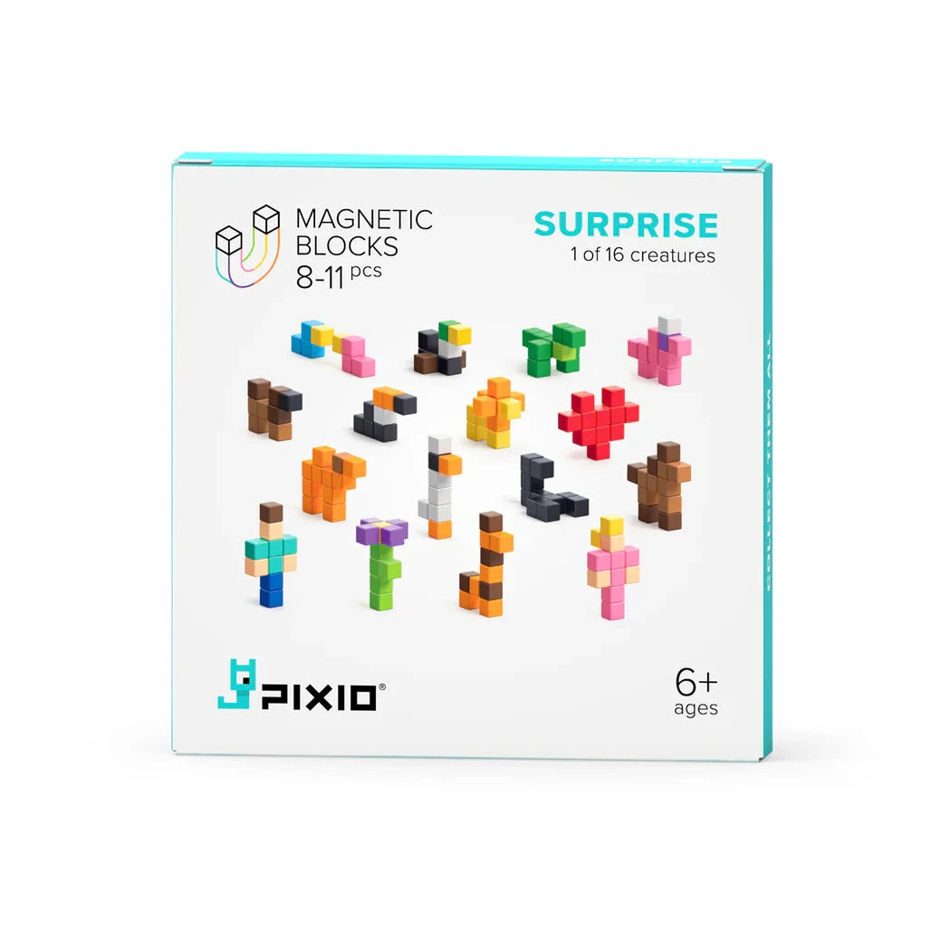 PIXIO Surprise Box met 8 tot 11 magnetische bouwblokjes in verrassende kleuren.